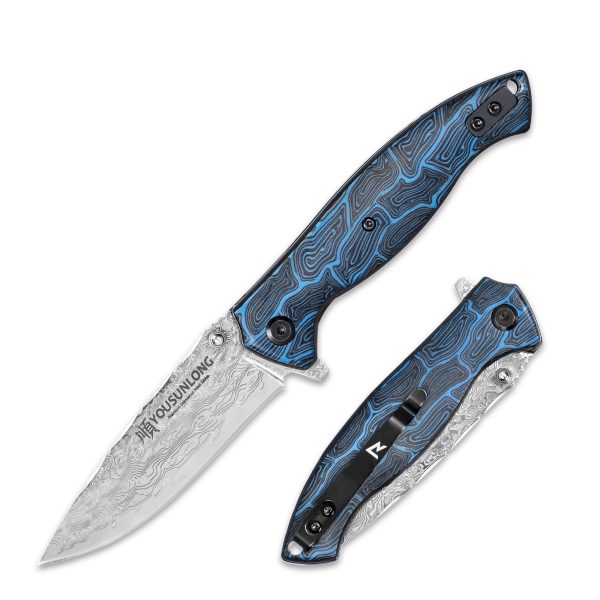 Folding Knife - Blue Damascus texture G10 Cover