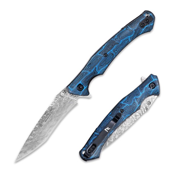 Folding Knife - Blue Damascus texture G10 Cover