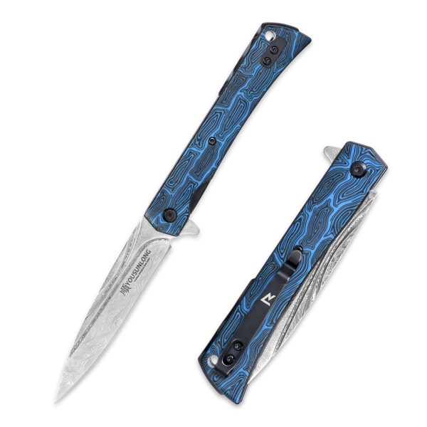 Folding Knife - Blue Damascus texture G10 Cover