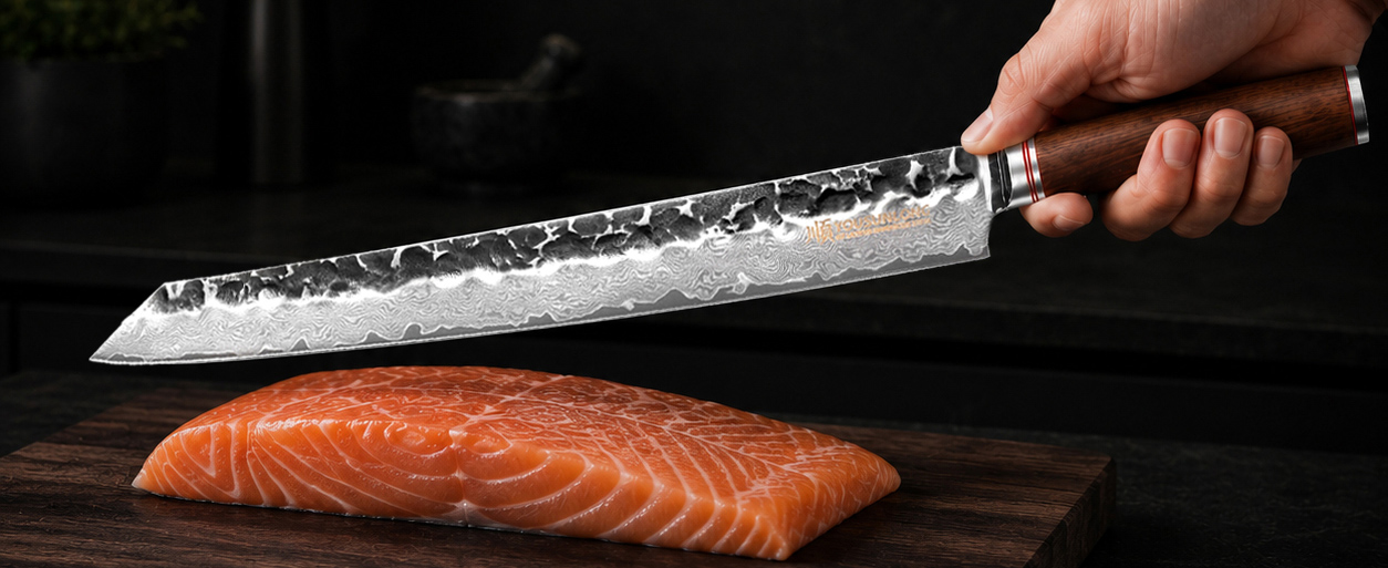 YOUSUNLONG Premium Sashimi Knife Review: Testing Japanese Damascus Steel Knives on Salmon